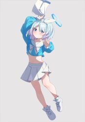 Rule 34 | 1girl, absurdres, arona (blue archive), blue archive, blue hair, blue halo, blue shirt, blush, bow, bowtie, closed mouth, cloud, colored inner hair, dot mouth, envelope, floating, full body, hair bow, hair over one eye, hairband, halo, hand up, highres, long sleeves, medium hair, miniskirt, multicolored hair, navel, ooho0216, papers, pink hair, pleated skirt, sailor collar, school uniform, serafuku, shirt, shoes, sidelocks, simple background, skirt, sneakers, solo, stomach, white background, white bow, white bowtie, white footwear, white hairband, white sailor collar, white skirt, wind, wind lift