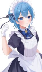 Rule 34 | 1girl, apron, blue bow, blue bowtie, blue eyes, blue hair, blush, bow, bowtie, breasts, closed mouth, fawny, gloves, hair between eyes, highres, hololive, hoshimachi suisei, looking at viewer, maid, maid apron, maid headdress, puffy short sleeves, puffy sleeves, short hair, short sleeves, small breasts, solo, star (symbol), star in eye, symbol in eye, virtual youtuber, white background, white gloves