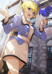 Rule 34 | 1girl, aikatsu!, aikatsu! (series), blonde hair, blue hat, blue jacket, building, clock, clock tower, commentary, dress, earrings, feet out of frame, finger gun, flag, from below, hands up, hat, hattori yu, highres, holding, jacket, jewelry, koruse, long sleeves, open mouth, outdoors, outstretched hand, photo background, purple eyes, short hair, smile, solo, standing, star (symbol), star earrings, teeth, tower, walking, white dress