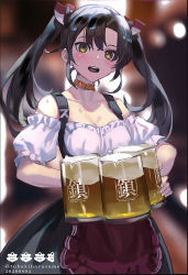 Rule 34 | 1girl, alcohol, alternate costume, apron, beer, beer mug, blurry, blurry background, blush, bodice, breasts, choker, cup, dated, dirndl, german clothes, grey hair, hair ribbon, harusame tsubaki, highres, holding, holding cup, kantai collection, long hair, mug, open mouth, orange choker, red apron, ribbon, small breasts, solo, sweat, twintails, twitter username, waist apron, yellow eyes, zuikaku (kancolle)