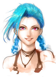 Rule 34 | 1girl, bare shoulders, blue hair, highres, iothree7, jewelry, jinx (league of legends), league of legends, long hair, necklace, parted lips, pink eyes, portrait, simple background, sketch, smile, solo, twintails, upper body, white background