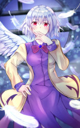 Rule 34 | 1girl, beige jacket, bow, bowtie, breasts, brooch, commentary request, cowboy shot, doitsuudon, dress, feathered wings, feathers, hand on own hip, hand up, highres, indoors, jacket, jewelry, kishin sagume, long sleeves, looking at viewer, medium breasts, open clothes, open jacket, pink eyes, purple dress, red bow, red bowtie, round window, short hair, silver hair, single wing, solo, standing, touhou, white wings, window, wings