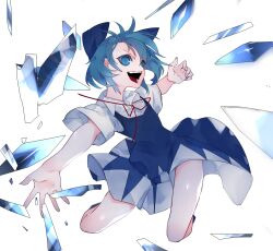 Rule 34 | 1girl, blue bow, blue dress, blue eyes, blue hair, bow, cirno, collared shirt, detached wings, dress, evil smile, glass shards, hair bow, highres, ice, ice wings, ikurauni, neck ribbon, open mouth, pinafore dress, red ribbon, ribbon, shirt, short hair, short sleeves, simple background, sleeveless, sleeveless dress, smile, solo, teeth, touhou, white background, white shirt, wings