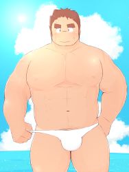 Rule 34 | 1boy, 3c pan, abs, alternate pectoral size, bara, blush, brown hair, bulge, clothes pull, cowboy shot, facial hair, facial scar, highres, large pectorals, long sideburns, looking at viewer, male focus, male pubic hair, male swimwear, muscular, muscular male, navel, nipples, one-piece swimsuit pull, pectorals, pubic hair, pulled by self, scar, scar on cheek, scar on face, short hair, sideburns, sky, solo, spiked hair, stomach, stubble, sweatdrop, swim briefs, tamamura gunzo, tan, tanline, thick eyebrows, thick thighs, thighs, tokyo houkago summoners, topless male, white male swimwear