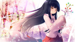 Rule 34 | 1girl, black hair, blush, branch, brown eyes, commentary request, cowboy shot, frilled shirt collar, frills, gengetsu chihiro, head tilt, highres, holding, holding branch, houraisan kaguya, lens flare, long hair, long sleeves, looking at viewer, petticoat, pink shirt, red skirt, shirt, sidelocks, skirt, sleeves past wrists, smile, solo, touhou, very long hair, wide sleeves