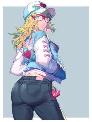 Rule 34 | 1girl, ass, blonde hair, blue eyes, bow, breasts, chewing gum, denim, glasses, hand in pocket, hat, heart, highres, jacket, jeans, charm (object), medium hair, one eye closed, original, pants, simple background, solo, woomi