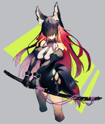 Rule 34 | 1girl, absurdres, animal ears, bare shoulders, black gloves, chyko7080, detached sleeves, earrings, fox ears, fur, gloves, green eyes, hair over eyes, halterneck, highres, hip vent, holding, holding sword, holding weapon, jewelry, katana, long hair, looking at viewer, multicolored hair, necktie, single thighhigh, skindentation, solo, standing, sword, tail, thighhighs, two-tone hair, weapon