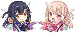 Rule 34 | 2girls, :d, alternate hairstyle, black hair, blue flower, blush, boots, brown eyes, chibi, commentary, detached sleeves, english commentary, fate/kaleid liner prisma illya, fate (series), feather hair ornament, feathers, flower, gloves, feather hair ornament, hair ornament, hitsukuya, illyasviel von einzbern, leotard, light brown hair, long hair, long sleeves, looking at viewer, magical ruby, magical sapphire, miyu edelfelt, multiple girls, open mouth, parted lips, pink footwear, pink legwear, pink shirt, pink sleeves, pleated skirt, prisma illya, purple flower, purple legwear, purple leotard, purple sleeves, red eyes, shirt, shoes, simple background, skirt, sleeveless, sleeveless shirt, smile, thigh boots, thighhighs, twintails, very long hair, wand, white background, white footwear, white gloves, white skirt, x hair ornament