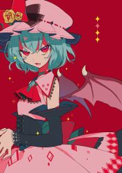 Rule 34 | 1girl, ascot, back bow, bat wings, blue hair, bow, brooch, choker, detached sleeves, dress, fang, futoumeido, hat, hat bow, hat ornament, highres, jewelry, looking at viewer, mob cap, open mouth, pink dress, pink hat, red ascot, red background, red bow, red choker, red eyes, remilia scarlet, short hair, skin fang, solo, sparkle, touhou, upper body, wings