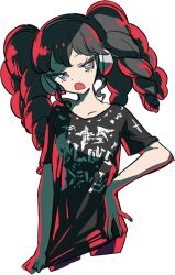 Rule 34 | 1girl, black hair, black shirt, clothes writing, commentary request, cowboy shot, cropped legs, fang, gaaruru (pripara), grey eyes, hand on own hip, headphones, highres, long hair, looking at viewer, open mouth, pretty series, print shirt, pripara, ritsu (roboroboro), shirt, simple background, solo, standing, t-shirt, twintails, white background