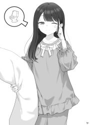 Rule 34 | 1girl, blush, body pillow, bow, closed mouth, collarbone, commentary request, frilled shirt, frills, greyscale, hand up, highres, holding, holding pillow, long hair, long sleeves, monochrome, one eye closed, original, pajamas, pants, pillow, puffy long sleeves, puffy sleeves, rubbing eyes, shirt, simple background, solo, takenoko no you, tears, toilet, white background