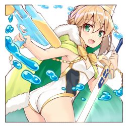 Rule 34 | 1girl, ahoge, artoria pendragon (fate), artoria pendragon (swimsuit archer) (fate), artoria pendragon (swimsuit archer) (third ascension) (fate), ass, blonde hair, braid, breasts, cape, crown, excalibur (fate/stay night), fate/grand order, fate (series), french braid, fur-trimmed cape, fur trim, green cape, green eyes, hair bun, highleg, highleg swimsuit, highres, long hair, looking at viewer, medium breasts, one-piece swimsuit, open mouth, shunichi, sidelocks, single hair bun, smile, solo, swimsuit, sword, thighs, water, water gun, weapon, white one-piece swimsuit