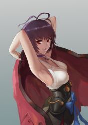 Rule 34 | 10s, 1girl, absurdres, armor, armpits, arms behind head, arms up, box (xx2339326), breasts, brown hair, cape, grey background, highres, japanese clothes, koutetsujou no kabaneri, mumei (kabaneri), mumei (pokolv), red eyes, short hair, smile, solo, strap gap, teeth