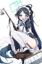 Rule 34 | &lt;key&gt; (robot) (blue archive), 1girl, absurdly long hair, absurdres, apron, aqua halo, aris (blue archive), aris (maid) (blue archive), black dress, black footwear, black hair, blue archive, blue eyes, blue hair, blue ribbon, blush, broom, chinese commentary, collared dress, commentary request, dark blue hair, dot nose, dress, dress tug, embarrassed, foot out of frame, frilled apron, frills, garter straps, green halo, halo, highres, legs, long hair, looking at viewer, maid, maid apron, maid headdress, mary janes, multicolored hair, neck ribbon, official alternate costume, open mouth, ponytail, puffy short sleeves, puffy sleeves, rectangular halo, ribbon, ringed eyes, shoe soles, shoes, short sleeves, simple background, sitting, solo, suye, sweatdrop, thighhighs, thighs, two-tone hair, very long hair, wavy mouth, white apron, white background, white thighhighs