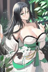 Rule 34 | 1girl, armpits, bare shoulders, black hair, blush, breasts, breasts out, cleavage, collarbone, dress, flower, green eyes, hands up, highres, large breasts, lillly, long hair, looking at viewer, looking away, obi, open mouth, original, sash, sketch, skirt, sleeveless, sleeveless dress, sleeves past wrists, straight hair, very long hair
