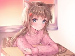 Rule 34 | 1girl, animal ear fluff, animal ears, aran sweater, bad id, bad pixiv id, blue eyes, blush, brown hair, cable knit, carrot hair ornament, cat ears, chair, closed mouth, commentary, commission, desk, english commentary, food-themed hair ornament, hair ornament, highres, indoors, long hair, long sleeves, looking at viewer, low twintails, original, pink sweater, puffy long sleeves, puffy sleeves, sitting, sleeves past wrists, smile, solo, ssum (ehf dustk), sweater, twintails, upper body, very long hair, window