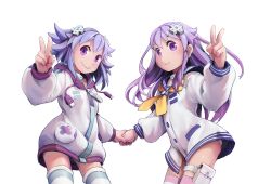 Rule 34 | 10s, 2girls, blue eyes, blush, d-pad, hair ornament, highres, holding hands, holster, hood, hoodie, long hair, looking at viewer, md5 mismatch, multiple girls, nepgear, neptune (neptunia), neptune (series), purple eyes, purple hair, segamark, siblings, sisters, smile, striped clothes, striped legwear, striped thighhighs, thigh holster, thighhighs, v