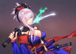 Rule 34 | 1girl, asymmetrical hair, blue eyes, blue sleeves, breasts, choker, cleavage, detached sleeves, dutch angle, earrings, fate/grand order, fate (series), fire, grey background, hair ornament, hair over one eye, highres, hiiragi (karashriker), holding, holding sword, holding weapon, jewelry, katana, leaf earrings, long hair, long sleeves, medium breasts, midriff, miyamoto musashi (fate), miyamoto musashi (third ascension) (fate), navel, parted lips, ponytail, sheath, sheathed, silver hair, simple background, smile, solo, stomach, sword, unsheathed, upper body, weapon