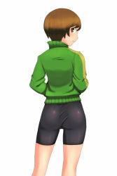 Rule 34 | 1girl, ass, atlus, bad id, bad pixiv id, bike shorts, brown eyes, brown hair, em (totsuzen no hakike), from behind, jacket, looking at viewer, looking back, persona, persona 4, profile, satonaka chie, short hair, simple background, solo, standing, thigh gap, white background
