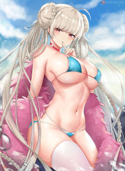 Rule 34 | 1girl, ahoge, alternate costume, azur lane, bad id, bad pixiv id, beach, bikini, blue bikini, blue sky, blush, braid, breasts, choker, cleavage, cloud, cyicheng, day, double bun, finger to mouth, formidable (azur lane), formidable (the lady of the beach) (azur lane), hair bun, large breasts, long hair, looking at viewer, navel, outdoors, red eyes, sidelocks, single thighhigh, skindentation, sky, solo, swimsuit, thighhighs, toned, very long hair, water drop, wet