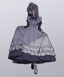 Rule 34 | 1girl, apron, black footwear, blue dress, brown hair, clothes lift, dress, dress lift, frilled apron, frills, goshi-san, grey background, highres, holding, holding clothes, juliet sleeves, long sleeves, looking to the side, maid, maid headdress, medium hair, muted color, one-hour drawing challenge, original, puffy sleeves, sleeve cuffs, socks, solo, white socks