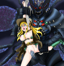 Rule 34 | 1boy, 1girl, bandages, blonde hair, bottomless, breasts, cape, censored, defeat, demon, duel monster, glowing, glowing eyes, green eyes, hat, held up, hetero, large breasts, long hair, monster, nipples, pain, rape, restrained, screaming, sex, size difference, stomach bulge, tears, torn clothes, vaginal, warrior lady of the wasteland, yu-gi-oh!
