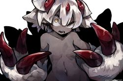 Rule 34 | 122pxsheol, 1girl, angry, claws, dark skin, dark-skinned female, faputa, flat chest, looking at viewer, made in abyss, navel, nude, open mouth, short hair, simple background, solo, white background, white hair, yellow eyes