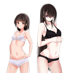 Rule 34 | 2girls, :o, black bra, black hair, black panties, black vs white, bow, bow panties, bra, breasts, brown eyes, brown hair, closed mouth, collarbone, commentary, cowboy shot, crotch seam, gluteal fold, hair between eyes, half-closed eyes, hands on own hips, hip bones, interlocked fingers, long hair, looking at viewer, medium hair, mother and daughter, multiple girls, navel, original, own hands together, panties, parted lips, purple eyes, schreibe shura, simple background, skindentation, small breasts, smile, standing, thighs, underwear, underwear only, very long hair, white background, white bra, white panties
