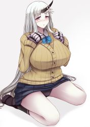 Rule 34 | 10s, 1girl, abyssal ship, alternate costume, black panties, black socks, blue skirt, blush, breasts, cardigan, claws, commentary request, embarrassed, full body, hands on own chest, highres, horns, huge breasts, kantai collection, long hair, looking at viewer, pale skin, panties, pantyshot, red eyes, seaport princess, shiny skin, shoes, silver hair, simple background, single horn, skirt, socks, solo, underwear, very long hair, yuzumiya mono