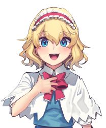 Rule 34 | 1girl, :d, absurdres, alice margatroid, blonde hair, blue shirt, blush, boa (brianoa), bow, bowtie, capelet, fingernails, frilled hairband, frills, hairband, hand up, highres, looking at viewer, open mouth, red bow, red bowtie, shirt, short hair, short sleeves, simple background, smile, solo, touhou, upper body, white background, white capelet