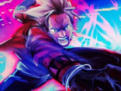Rule 34 | 1boy, attack, blonde hair, gloves, green eyes, male focus, open mouth, punching, shen woo, snk, solo, tattoo, the king of fighters