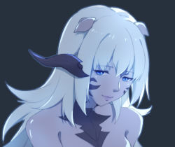 Rule 34 | 1girl, au ra, warrior of light (ff14), bare shoulders, blue background, blue eyes, blue hair, close-up, dragon horns, final fantasy, final fantasy xiv, horns, looking at viewer, lyra-kotto, monochrome, out-of-frame censoring, scales, solo