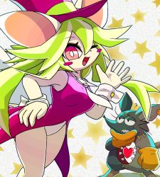 Rule 34 | 1boy, 1girl, ?, animal ears, blush stickers, breasts, gloves, green hair, hat, heart, heart tail, highres, large breasts, leotard, mad rat, mad rat dead, mouse (animal), mouse ears, mouse girl, mouse tail, necktie, nippon ichi, rat god, red eyes, stitches, tail, top hat, wings, wrist cuffs