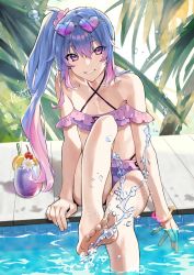 Rule 34 | 1boy, arm support, barefoot, bikini, blue hair, blush, bracelet, cherry, commentary request, commission, cup, dorsiflexion, drinking glass, drinking straw, feet, flat chest, flower, food, foot out of frame, fruit, gradient hair, highres, jewelry, knee up, leaning forward, legs, long hair, looking at viewer, male focus, multicolored hair, off-shoulder bikini, off shoulder, orange (fruit), orange slice, original, outdoors, pink bikini, pink eyes, pink hair, poolside, potti-p, purple bikini, shadow, side ponytail, sidelocks, sitting, skeb commission, solo, swimsuit, teeth, thighs, toes, trap