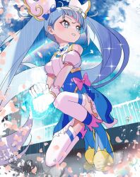 Rule 34 | 1girl, blue dress, blue eyes, blue footwear, blue hair, boots, bow, brooch, commentary, cure sky, cut bangs, detached sleeves, dress, dress bow, earrings, frilled dress, frills, gloves, glowing fist, highres, hirogaru sky! precure, jewelry, long hair, looking to the side, magical girl, multicolored hair, natadekoko (nata hfa), no cape, on one knee, open mouth, petals, pink bow, pink hair, precure, puffy detached sleeves, puffy sleeves, rain, reflection, short dress, single horizontal stripe, single sidelock, sleeveless, sleeveless dress, smile, solo, sora harewataru, sparkle, streaked hair, thighhighs, twintails, very long hair, white thighhighs, wind, wing brooch, wing hair ornament
