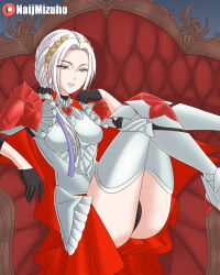 1girl armor black_gloves black_panties breasts cape edelgard_von_hresvelg fire_emblem fire_emblem:_three_houses fire_emblem_warriors:_three_hopes gloves highres medium_breasts naijmizuho nintendo official_alternate_costume official_alternate_hairstyle open_mouth panties pantyshot purple_eyes sitting solo underwear upskirt white_hair