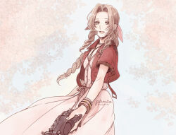 Rule 34 | 1boy, 1girl, aerith gainsborough, ancotsubu, artist name, bangle, black gloves, bracelet, braid, braided ponytail, breasts, brown hair, buttons, choker, cloud strife, cowboy shot, cropped jacket, dress, final fantasy, final fantasy vii, final fantasy vii remake, flower choker, gloves, hair ribbon, holding hands, jacket, jewelry, long dress, long hair, looking at viewer, medium breasts, open mouth, outdoors, parted bangs, pink dress, pink ribbon, red jacket, ribbon, short sleeves, sidelocks, single braid, smile, solo focus, twitter username, wavy hair