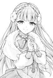 Rule 34 | 1girl, bow, bowtie, braid, closed mouth, crown braid, fire emblem, fire emblem echoes: shadows of valentia, flower, fur collar, greyscale, hair flower, hair ornament, long hair, looking at viewer, monochrome, nintendo, rinea (fire emblem), simple background, smile, solo, ten (tenchan man), upper body, white background
