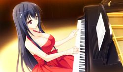 Rule 34 | 1girl, bare shoulders, blue hair, breasts, cleavage, dress, game cg, hair ornament, hairclip, huge breasts, instrument, light, long hair, piano, playing, prestar! precious star&#039;s festival: shokai seisan gentei, red eyes, serious, sitting, solo