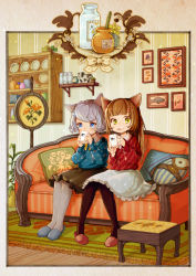 Rule 34 | 2girls, animal ears, black legwear, blouse, blue eyes, blunt bangs, bottle, brown hair, cat ears, child, commentary, couch, cow, cup, drinking, fish, green eyes, grey legwear, hair ornament, hairclip, honey, honeypot, indoors, jar, knees together feet apart, legs together, licking lips, light particles, long hair, looking at viewer, milk, milk bottle, mug, multiple girls, original, painting (object), pantyhose, pigeon-toed, pillow, plant, plate, potted plant, rug, shirt, short hair, side-by-side, silver hair, sitting, skirt, slippers, stool, swept bangs, tati tachiko, tongue, tongue out, wallpaper, wooden floor