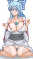 Rule 34 | 1girl, aqua hair, bare shoulders, between breasts, blue eyes, blush, bow, breasts, character request, cleavage, curvy, exaxuxer, fang, hair bow, highres, japanese clothes, kimono, knees together feet apart, large breasts, long hair, mushroom, no bra, obi, off shoulder, original, panties, sash, sitting, solo, underwear, wariza, white panties, wide sleeves