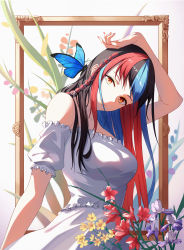 Rule 34 | 1girl, absurdres, aweiwei1998, black hair, blue hair, braid, breasts, bug, butterfly, butterfly on head, closed mouth, collarbone, dress, flower, hair over mouth, harusaruhi, highres, insect, kamitsubaki studio, long hair, looking at viewer, makeup, mascara, medium breasts, multicolored hair, nail polish, off-shoulder dress, off shoulder, orange eyes, red flower, red hair, red nails, short sleeves, single braid, smile, solo, sundress, very long hair, virtual youtuber, white dress, white flower, yellow flower, yellow lips