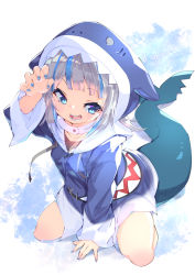 Rule 34 | 1girl, :d, animal hood, blue eyes, blue hair, blue nails, claw pose, commentary request, fins, fish tail, fujishima-sei ichi-gou, full body, gawr gura, gawr gura (1st costume), grey hair, hashtag, highres, hololive, hololive english, hood, kneeling, long sleeves, looking at viewer, multicolored hair, nail polish, open mouth, shark girl, shark hood, shark tail, sharp teeth, smile, solo, streaked hair, tail, teeth, virtual youtuber, white background