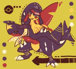 Rule 34 | bad id, bad pixiv id, claws, color guide, creatures (company), dragon, full body, game freak, garchomp, gen 3 pokemon, gen 4 pokemon, maru (umc a), mawile, nintendo, no humans, poke ball print, pokedex number, pokemon, pokemon (creature), pokemon on back, red eyes, sitting, spread legs, standing, yellow background, yellow eyes