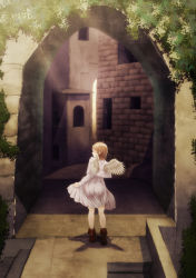 Rule 34 | 1girl, absurdres, arch, brown eyes, brown hair, commentary request, dress, fantasy, feathered wings, haibane renmei, highres, kawamranciel, looking back, original, outdoors, revision, shadow, skirt hold, solo, thighs, white dress, white wings, wings