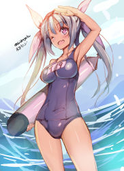 Rule 34 | 10s, 1girl, artist name, blue hair, blush, breasts, fang, hair ribbon, highres, i-19 (kancolle), kantai collection, long hair, looking at viewer, mizuta kenji, ocean, one-piece swimsuit, one eye closed, open mouth, personification, pink eyes, ribbon, school swimsuit, sketch, solo, swimsuit, torpedo, twintails, wink
