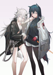 Rule 34 | 2girls, absurdres, animal ears, arknights, bandeau, bare legs, black hair, black jacket, black legwear, black shirt, black shorts, commentary, feet out of frame, gloves, gradient background, grey background, grey eyes, hair between eyes, hair ornament, hairclip, highres, holding, holding sword, holding weapon, jacket, krin (krinnin), lappland (arknights), material growth, multiple girls, official alternate costume, open clothes, open jacket, oripathy lesion (arknights), pantyhose, red gloves, reverse grip, scar, scar across eye, scar on face, shirt, short shorts, shorts, silver hair, sitting, strapless, sword, tail, texas (arknights), texas (winter messenger) (arknights), tube top, weapon, white background, white jacket, wolf ears, wolf tail