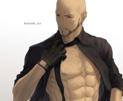 Rule 34 | 1boy, abs, bald, beard, black gloves, black necktie, black shirt, brown eyes, closed mouth, collared shirt, ear piercing, earrings, facial hair, final fantasy, final fantasy vii, gloves, gradient background, grey background, hand up, highres, jewelry, male focus, mondi hl, muscular, muscular male, mustache, necktie, nipples, pectorals, piercing, rude (ff7), shirt, solo, square enix, turks (ff7), twitter username, undressing, upper body, white background