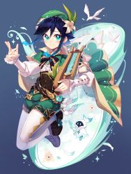 Rule 34 | 1boy, androgynous, animal, bird, black hair, blue hair, blush, bow, braid, cape, dove, feathers, flower, frilled sleeves, frills, gem, genshin impact, gradient hair, green eyes, green hat, hair flower, hair ornament, hat, highres, holding, holding instrument, instrument, isakysaku, jewelry, leaf, long sleeves, looking at viewer, lyre, male focus, multicolored hair, pantyhose, ribbon, simple background, smile, solo, sparkle, twin braids, venti (genshin impact), vision (genshin impact), white flower, white pantyhose