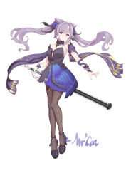 Rule 34 | 1girl, absurdres, arm ribbon, black pantyhose, blue bow, bow, closed mouth, cone hair bun, floating hair, full body, genshin impact, hair between eyes, hair bow, hair bun, highres, holding, holding sword, holding weapon, keqing (genshin impact), long hair, looking at viewer, pantyhose, purple eyes, purple hair, purple ribbon, quietmrcat, ribbon, sash, simple background, solo, standing, strapless, sword, twintails, very long hair, weapon, white background